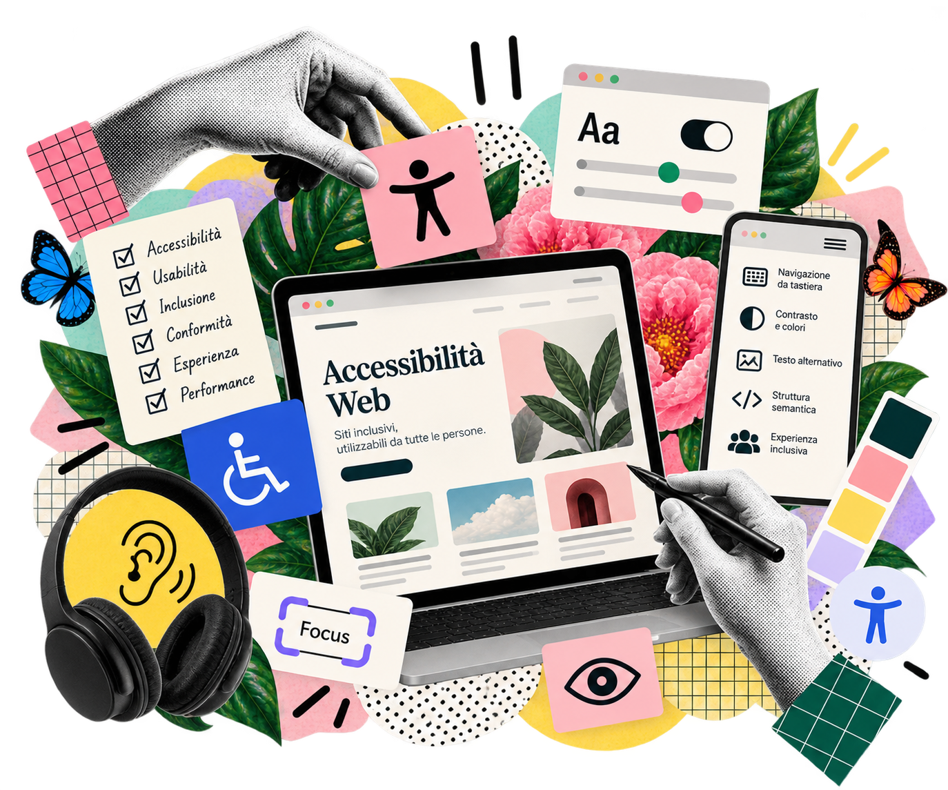 Collage sull’accessibilità web con interfaccia, tastiera, focus, contrasto e struttura semantica